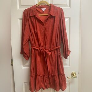 LC Lauren Conrad Pintuck Belted Fit & Flare Women's Burnt Orange Button-Up Dress